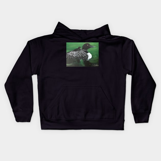 Loon and chick Kids Hoodie by artdesrapides